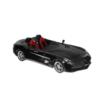 A black Mercedes-Benz SLS roadster toy car with red interior seats, shown from a three-quarters angle on a plain white background.