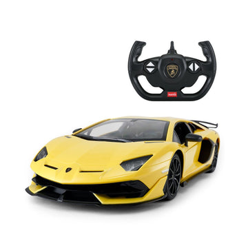 A yellow Lamborghini Aventador S remote control toy car with a black steering wheel controller, shown on a solid white background.