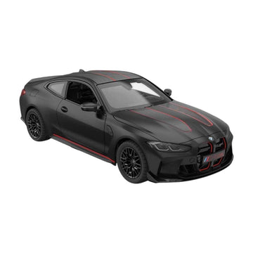A black BMW M4 coupe model car with red racing stripes and red accents on the front grille and side, shown on a plain white background.