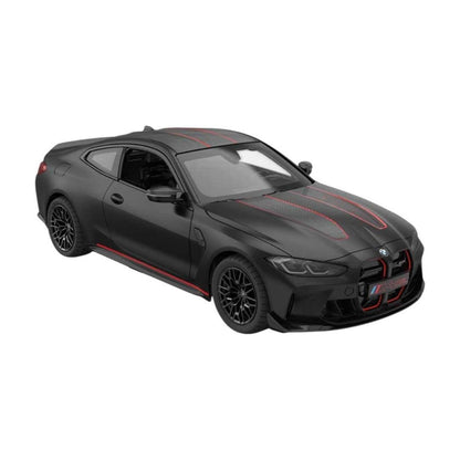 A black BMW M4 coupe model car with red racing stripes and red accents on the front grille and side, shown on a plain white background.