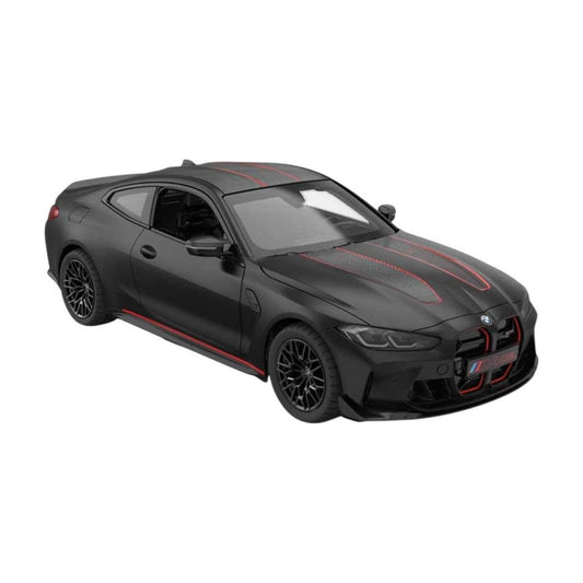 A black BMW M4 coupe model car with red racing stripes and red accents on the front grille and side, shown on a plain white background.
