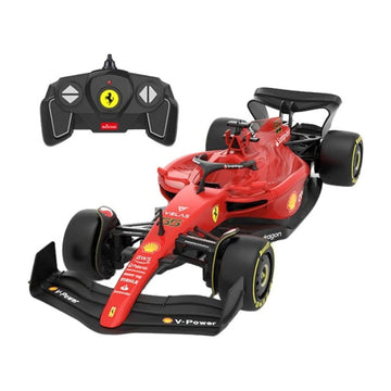 A red and black remote control toy Formula 1 race car with a matching black remote control controller shown above it on a plain white background. The car features prominent Ferrari and Shell branding.