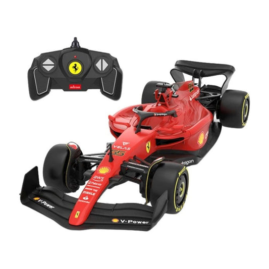 A red and black remote control toy Formula 1 race car with a matching black remote control controller shown above it on a plain white background. The car features prominent Ferrari and Shell branding.