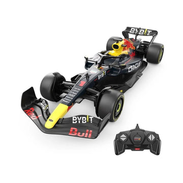A black remote control toy Formula 1 car with yellow and red accents, shown alongside its matching black remote control on a clean white background. The car features prominent 'BYDT' and 'Bull' branding.