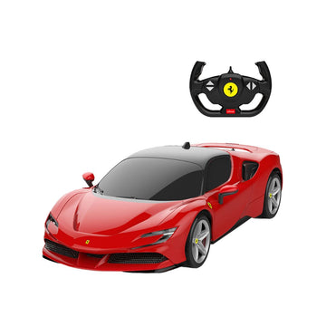 A red remote control toy sports car with a black roof, shown alongside its black steering wheel controller on a plain white background.