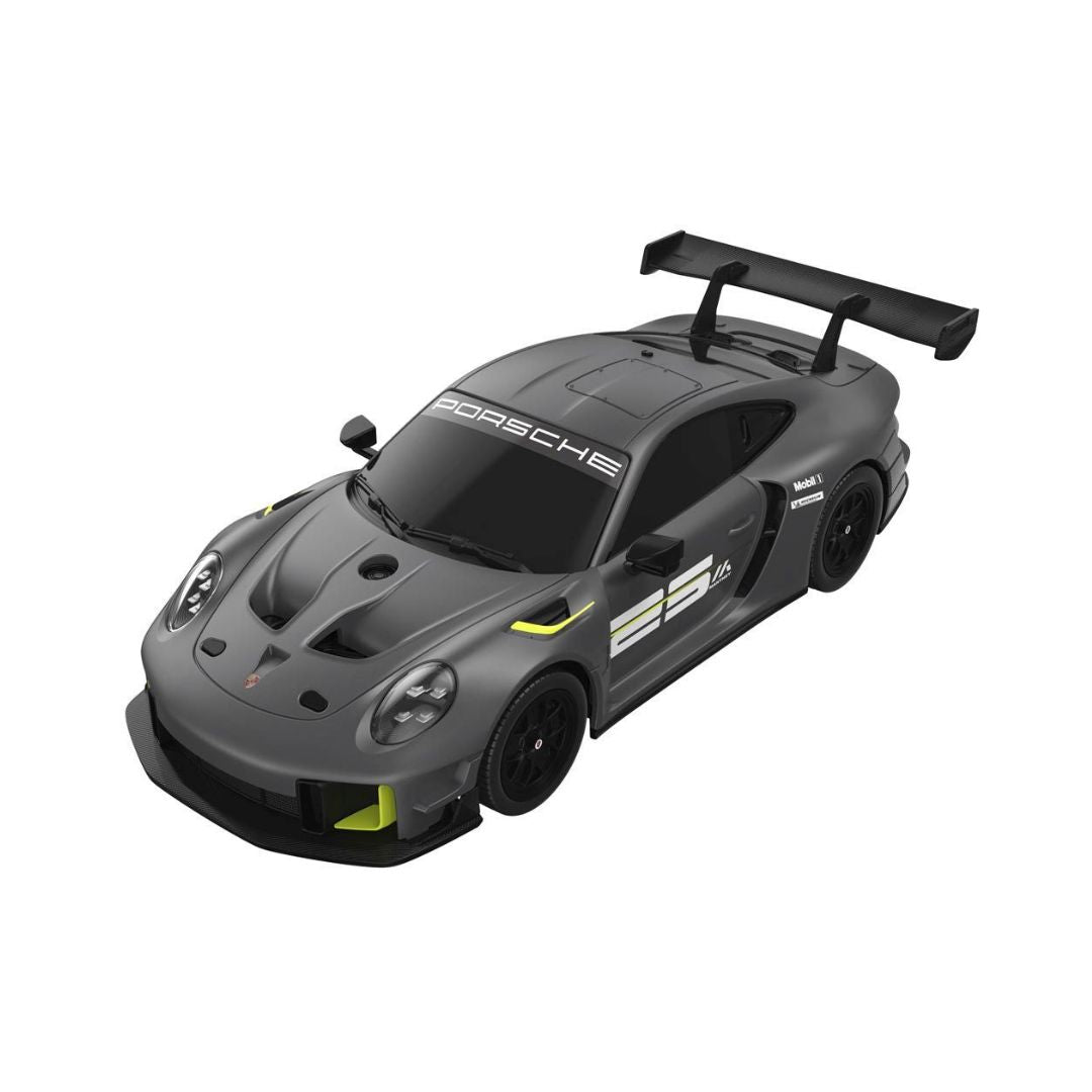 A dark gray Porsche 911 GT3 race car model with white and neon yellow accents, shown from a three-quarters front angle on a solid white background.