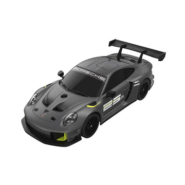 A dark gray Porsche 911 GT3 race car model with white and neon yellow accents, shown from a three-quarters front angle on a solid white background.