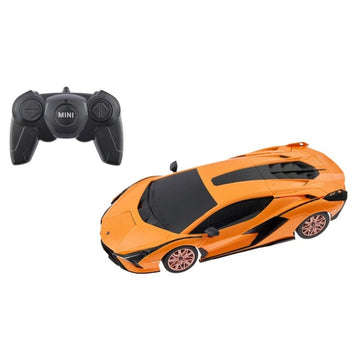 An orange and black remote control toy sports car shown alongside its black remote control on a plain white background.