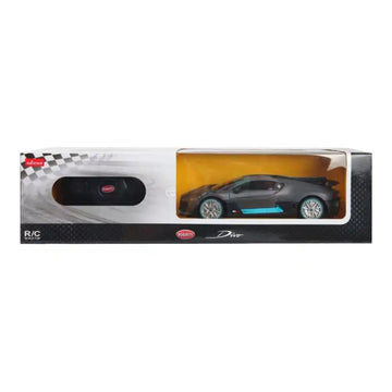 A boxed remote control toy car displayed in its retail packaging. The package contains a black remote control car with bright blue accents, visible through a clear window on a black and white box with a checkered flag design.