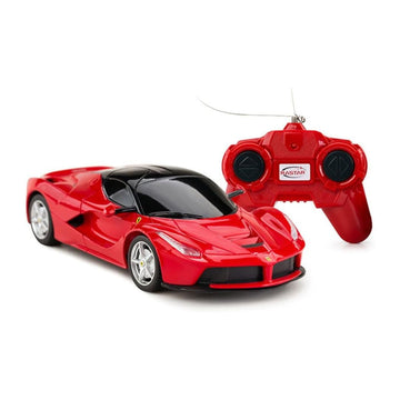 A red remote control toy sports car with a black roof, shown alongside its matching red remote control transmitter on a clean white background.