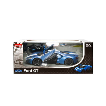 A boxed blue Ford GT scale model car set by RC Cars, shown in retail packaging with a clear front window, white and dark brown box design, and the Ford logo printed on the front.