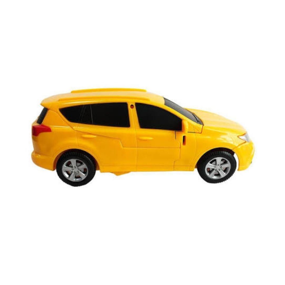 A bright yellow toy SUV car with black windows and silver wheels, shown in profile against a plain white background.