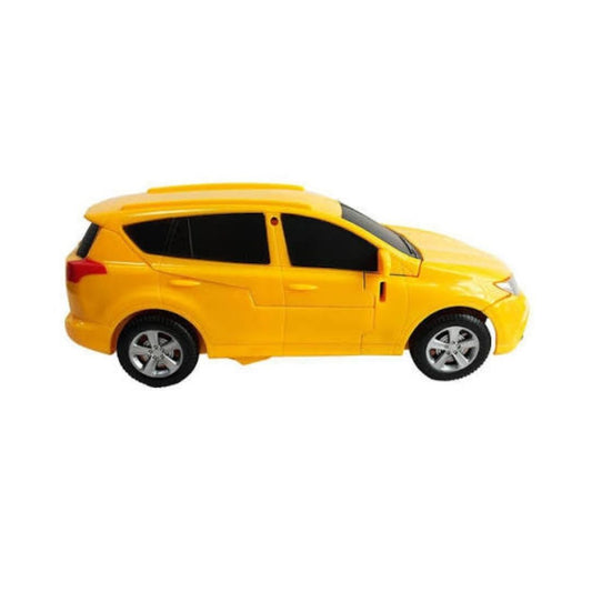A bright yellow toy SUV car with black windows and silver wheels, shown in profile against a plain white background.