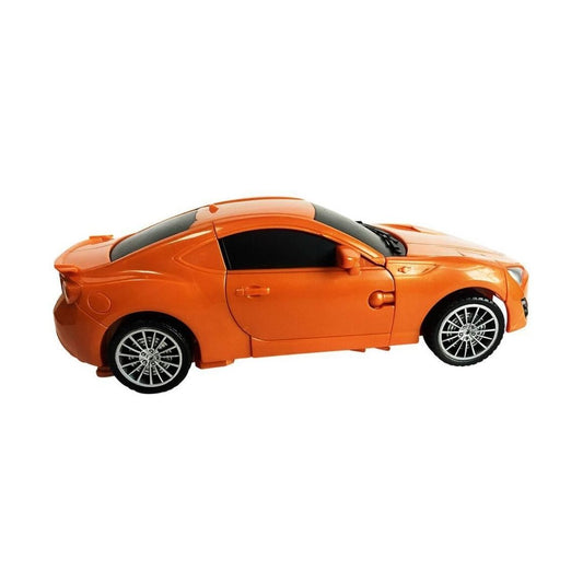 An orange toy sports car with black windows and silver multi-spoke wheels, shown in a side profile on a solid white background.