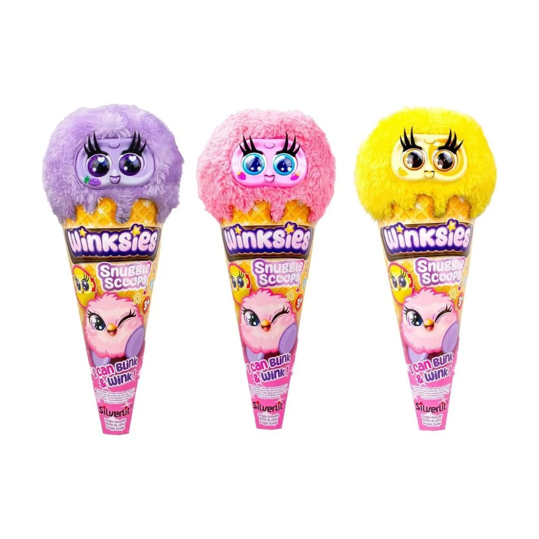 Three Winksies Snuggly Scoops toy ice cream cones shown side by side on a plain white background. Each cone has a fuzzy scoop shaped like a character face, with purple, pink, and yellow versions, and printed packaging below.