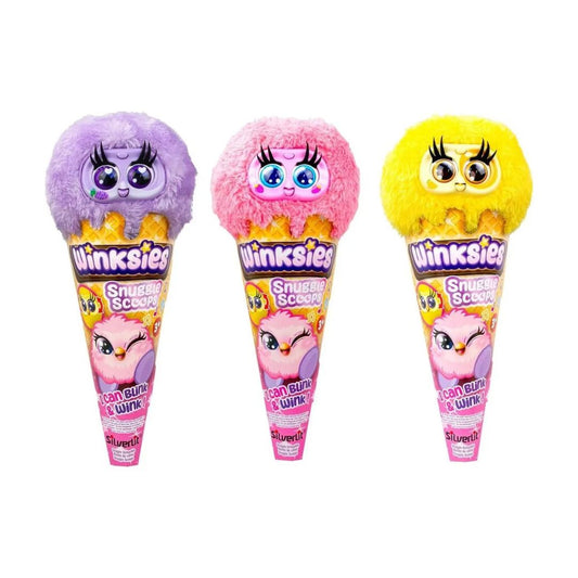 Three Winksies Snuggly Scoops toy ice cream cones shown side by side on a plain white background. Each cone has a fuzzy scoop shaped like a character face, with purple, pink, and yellow versions, and printed packaging below.