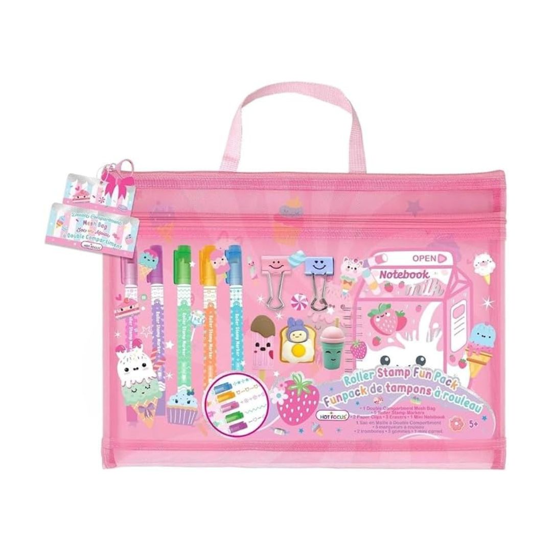 A pink transparent zippered pencil case with a handle, shown open to reveal colorful pens and stationery inside. The case has cute cartoon illustrations, including strawberries, cupcakes, and a roller skate, and a small hanging tag is attached on the left side.
