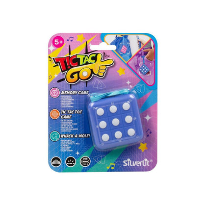 Silverlit Tic Tac Toe Go memory game in its original blister card packaging, featuring a blue square game piece with white dots on a colorful, playful card backing.
