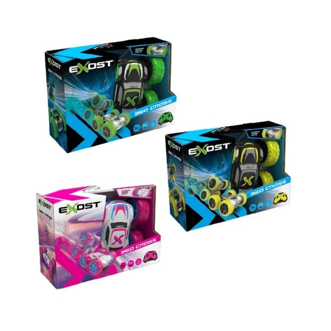 Three boxed toy cars from EXOst displayed on a white background: a black and green car set, a white and pink car set, and a black and yellow car set with green wheels.