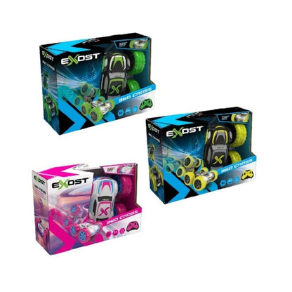 Three boxed toy cars from EXOst displayed on a white background: a black and green car set, a white and pink car set, and a black and yellow car set with green wheels.