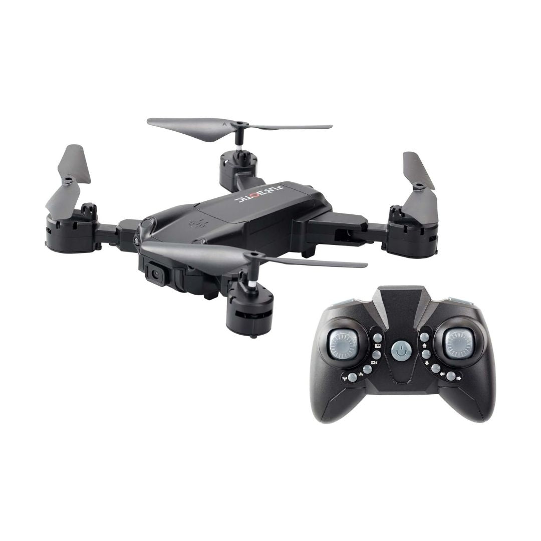 Black quadcopter drone with foldable arms and propellers, shown alongside its matching black remote controller on a plain white background.