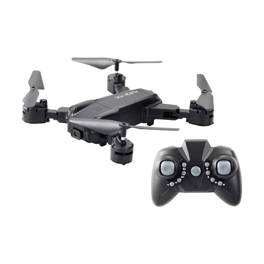 Black quadcopter drone with foldable arms and propellers, shown alongside its matching black remote controller on a plain white background.