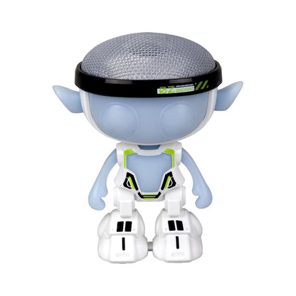 A small stylized toy figure with a light blue body, white boots and chest details, neon green accents, and a gray mesh dome on a black band over its head, shown on a plain white background.