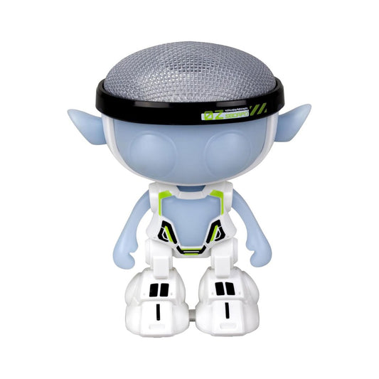 A small stylized toy figure with a light blue body, white boots and chest details, neon green accents, and a gray mesh dome on a black band over its head, shown on a plain white background.