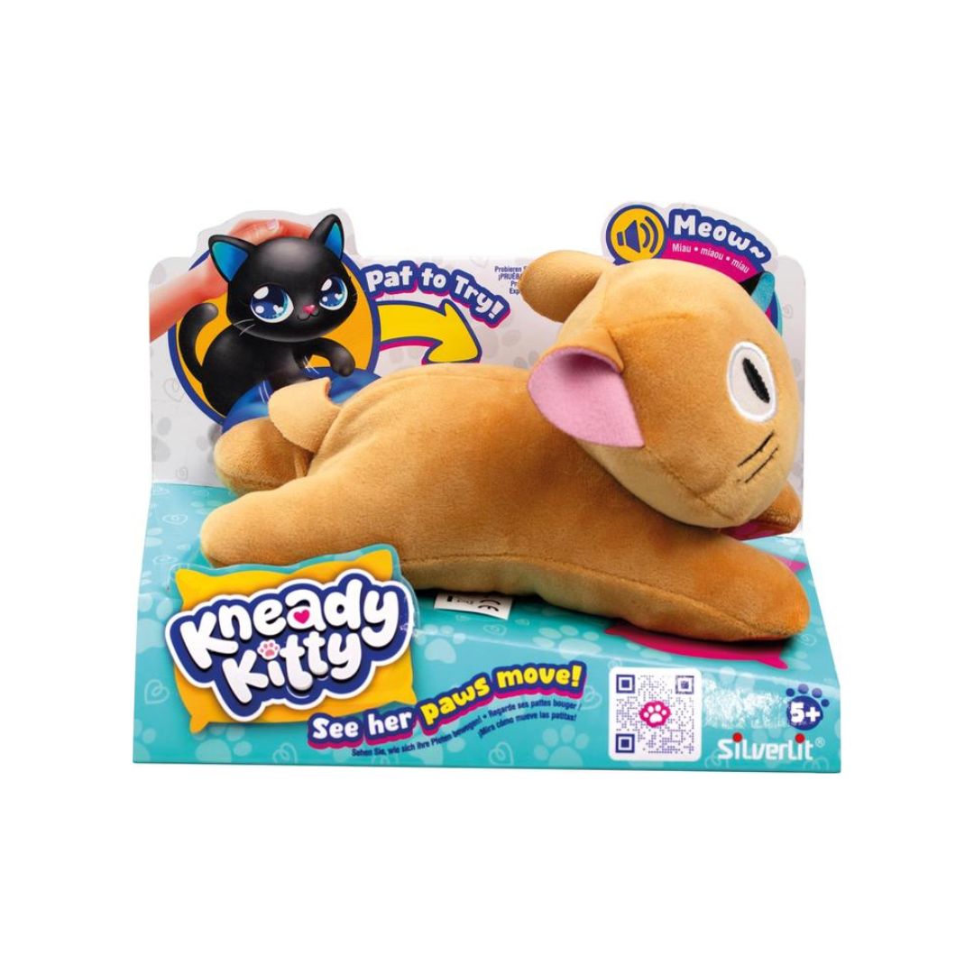 Kneady Kitty Silverlit interactive plush toy cat in its original retail packaging, featuring a tan plush cat with pink ears and a black cat illustration on the backing card.