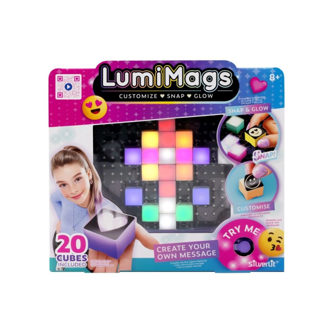 LumiMags Customizable Light-Up Cube toy set in its retail packaging, featuring a 20-piece set of colorful glowing cubes and a heart-shaped light box, with a child pictured on the box art.