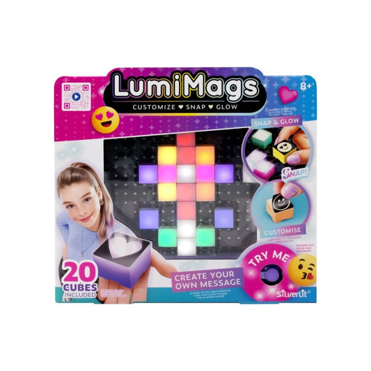 LumiMags Customizable Light-Up Cube toy set in its retail packaging, featuring a 20-piece set of colorful glowing cubes and a heart-shaped light box, with a child pictured on the box art.