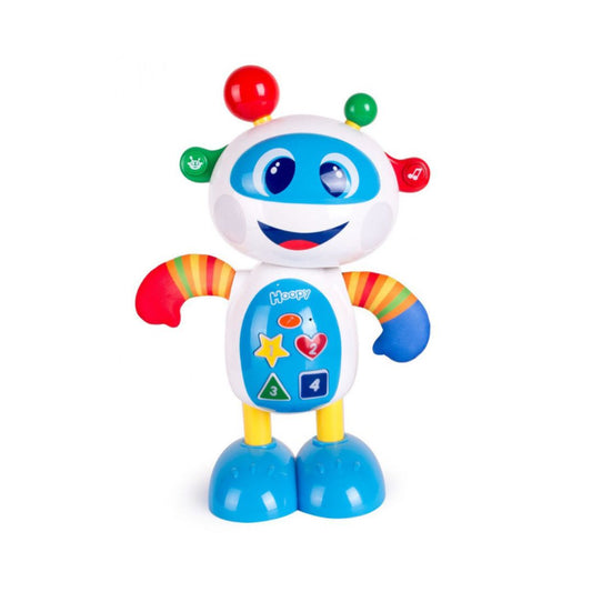 A colorful plastic toy robot with a smiling face, blue head and feet, rainbow-striped arms, and red, green, and blue antenna details, shown on a plain white background.