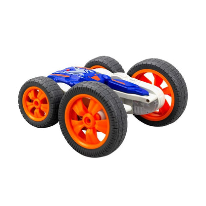 A blue, white, and orange remote-controlled toy car with four black off-road tires, shown on a plain white background.