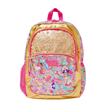 A vibrant pink and gold backpack featuring a shiny gold sequin front pocket, a colorful pastel patterned lower pocket with cute cartoon motifs, and bright pink accents, shown against a plain white background.