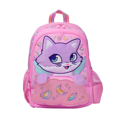 A pink children's backpack featuring a large purple cartoon cat face on the front, with pastel rainbow accents, stars, moons, and gem motifs, shown on a plain white background.