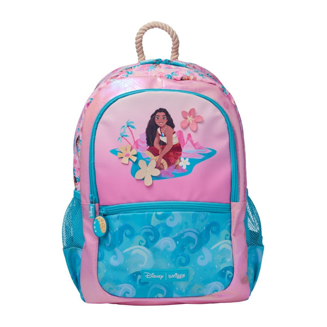 Disney Moana backpack in pink and blue, featuring a graphic of Moana on the front pocket with floral accents and a rope top handle, set against a plain white background.