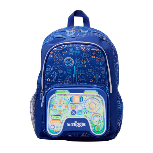 A blue Smiggle backpack featuring a retro video game controller design on the front pocket, with a matching blue patterned main body and side pockets, shown against a plain white background.