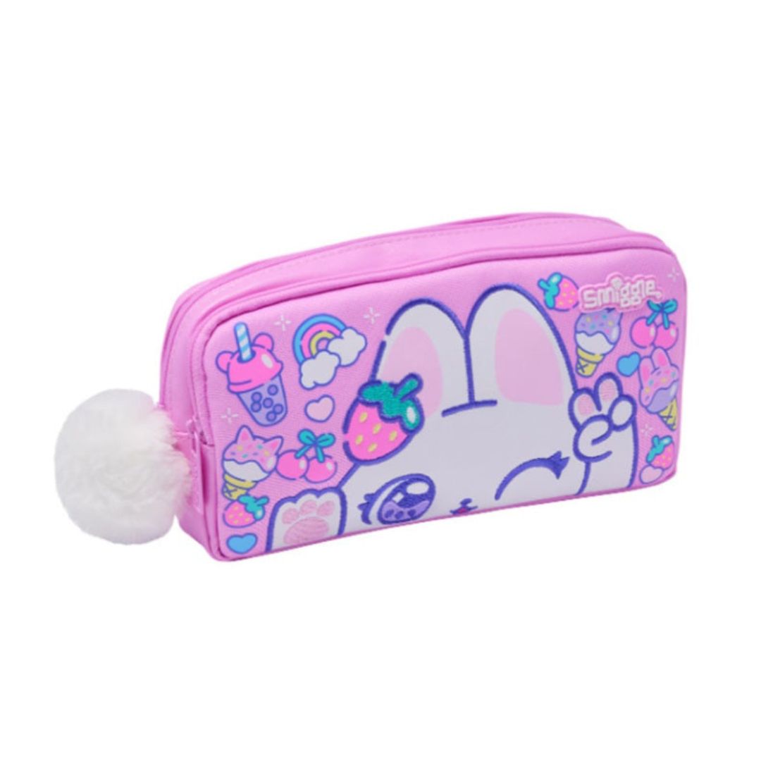 A pink dual-zipper pencil case featuring a cute cartoon bunny design, colorful doodles, and a fluffy white pom-pom on the side, set against a plain white background.