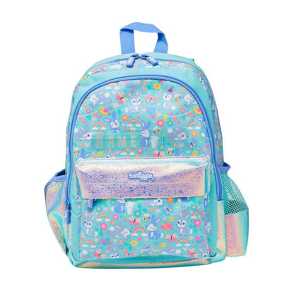 A light blue backpack with a colorful cartoon animal print and iridescent glitter accents, shown against a plain white background.