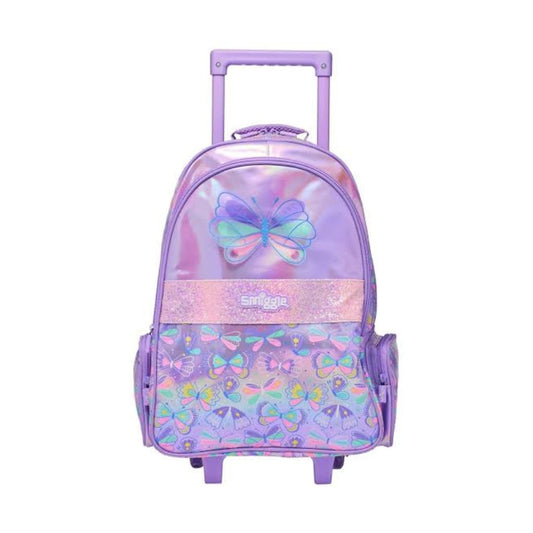 A purple rolling backpack with a butterfly design, featuring a transparent iridescent upper section, a glittery pink band with the brand name 'Smilez' in the center, and a patterned lower section with multiple butterflies. It has a telescoping handle and two wheels.