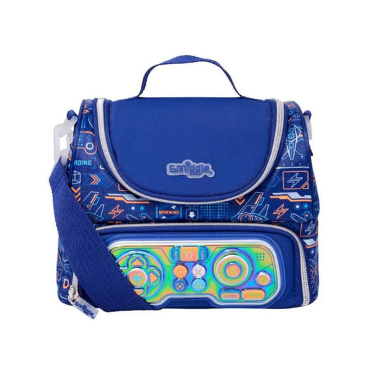A blue insulated lunch bag with a top handle and shoulder strap, featuring a colorful retro game controller graphic on the front pocket and a white 'Smilele' logo on the flap.