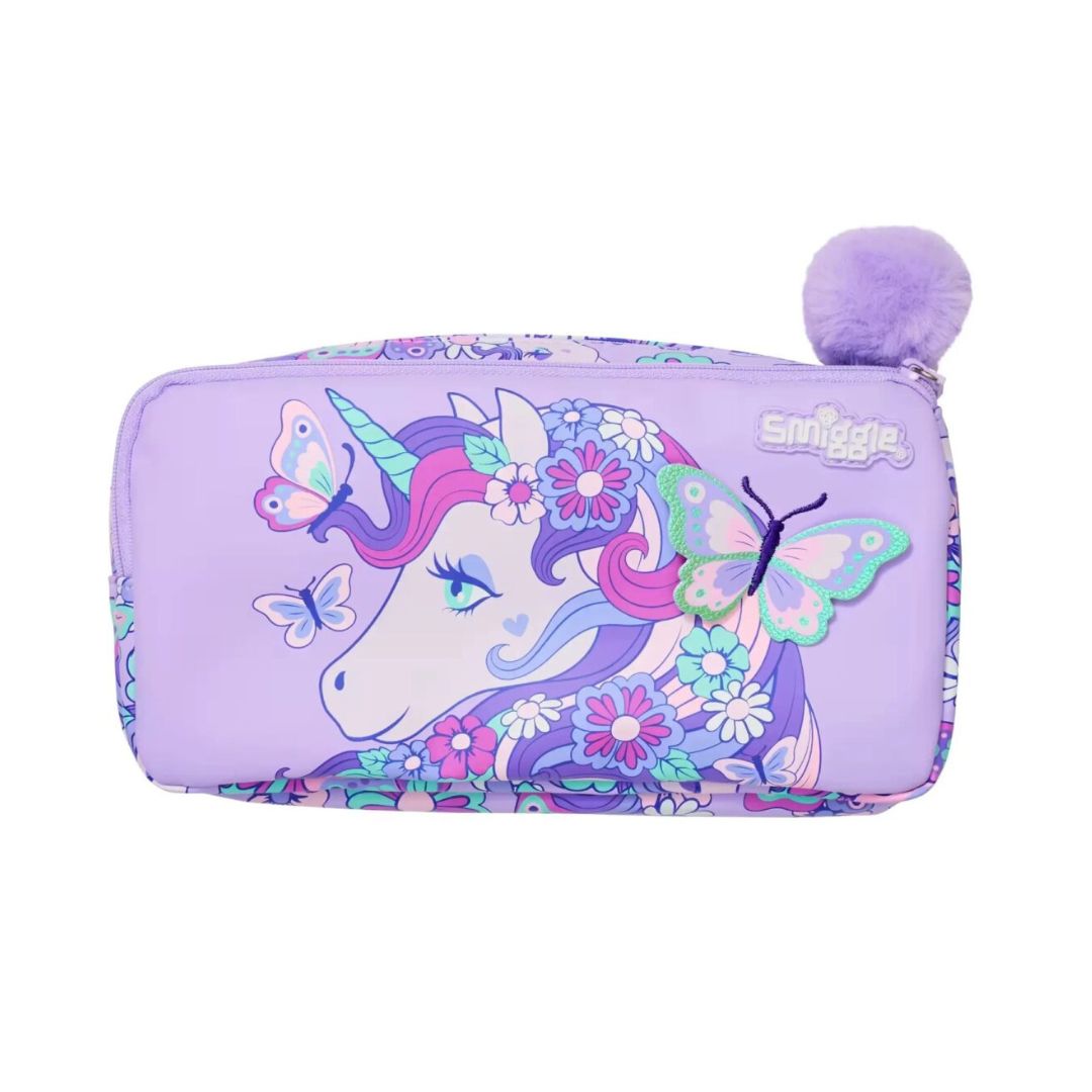 A purple cosmetic pouch featuring a colorful unicorn and butterfly graphic, a purple pom-pom zipper pull, and the 'Smiggie' brand logo on a white background.