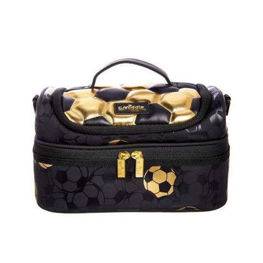 A black and gold soccer-themed lunch bag with a top handle, featuring a black and gold soccer ball pattern, gold zipper pulls, and a small 'smiddle' brand label on the front.