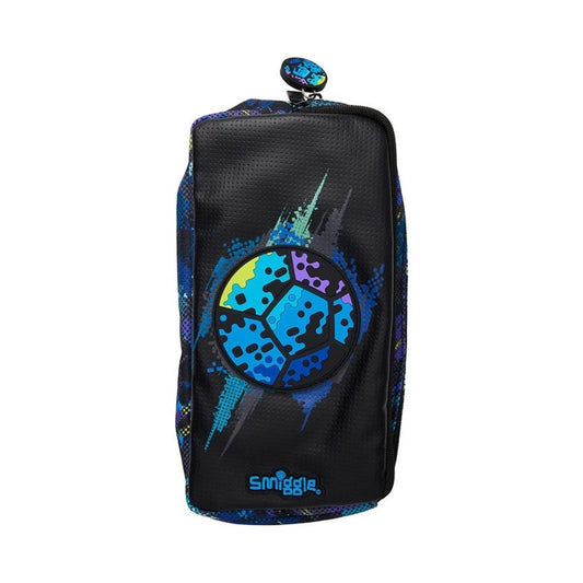 A black mesh shoe bag with a colorful graphic of a soccer ball in blue, purple, and yellow, featuring the Smiggle logo at the bottom.