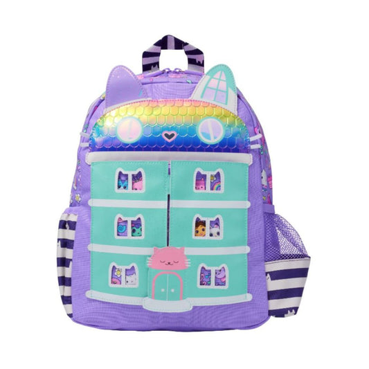 A purple and mint green cat-themed backpack shaped like a house, featuring cat ears on top, a rainbow pattern, and a pink cat face on the front, shown on a plain white background.