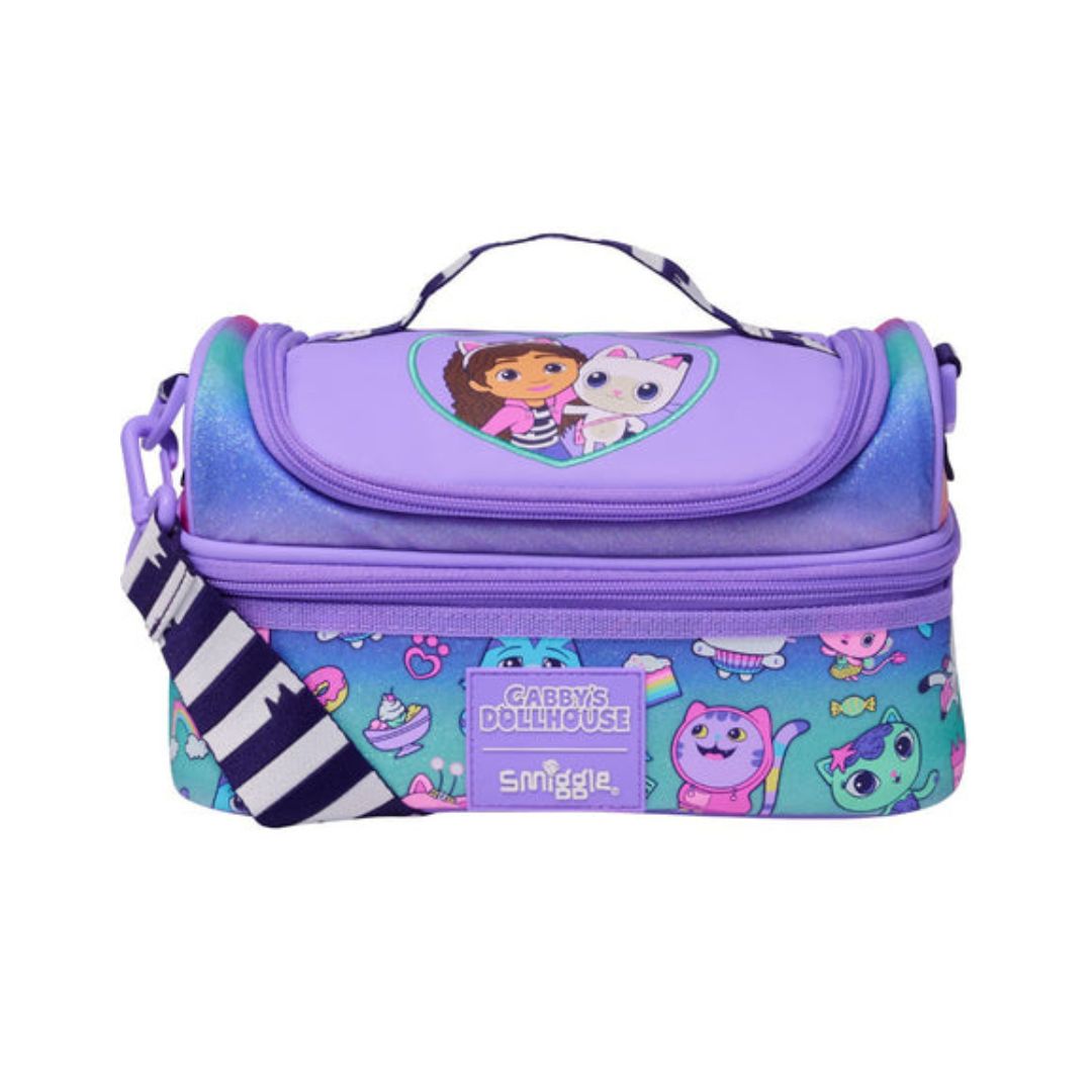 A Doc and Daisy Doodle lunch bag by Sannggle, featuring a purple top flap with cartoon graphics, a blue-to-purple gradient body, and a patterned blue-and-white shoulder strap on a white background.