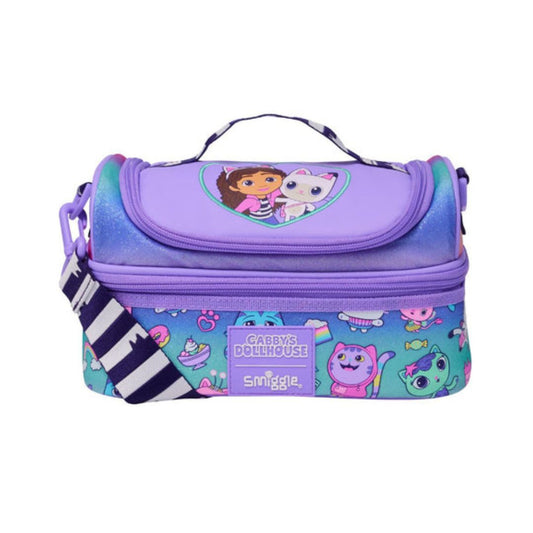 A Doc and Daisy Doodle lunch bag by Sannggle, featuring a purple top flap with cartoon graphics, a blue-to-purple gradient body, and a patterned blue-and-white shoulder strap on a white background.
