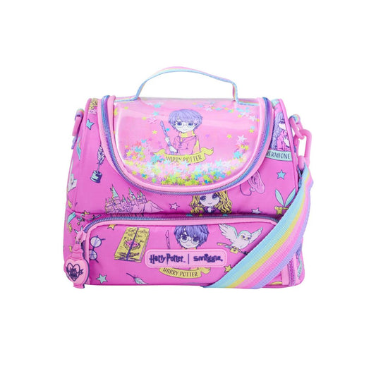 A pink Harry Potter themed lunch bag featuring colorful character prints, a clear top pocket, and a rainbow-colored shoulder strap on a white background.