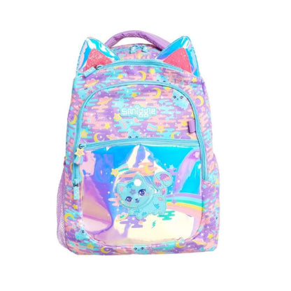 A pastel holographic backpack with cat ears, featuring a cartoon unicorn character printed on the front pocket and a 'simglee' brand logo on the upper front.