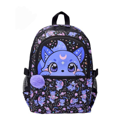 A black backpack featuring a cute purple cartoon creature with large eyes, surrounded by stars and moons. The backpack has a purple fluffy pom-pom charm on the front pocket and the brand name 'Smiggle' printed near the bottom right.